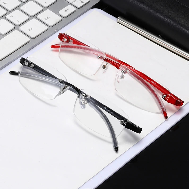 Rahmenlose blaues Licht blockierende Lesebrille für Herren und Damen, modisch, randlos, Hyperopie-Brille, Dioptrien +1,0 +1,5 +2,0 +2,5 +3,0