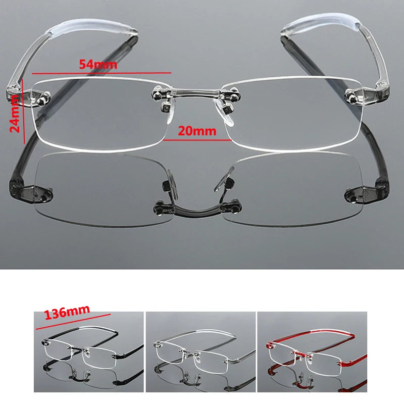 Rahmenlose blaues Licht blockierende Lesebrille für Herren und Damen, modisch, randlos, Hyperopie-Brille, Dioptrien +1,0 +1,5 +2,0 +2,5 +3,0